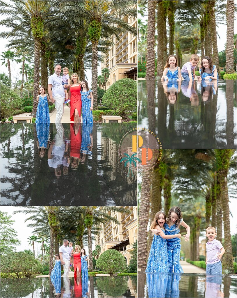 A family posing together in front of the fountain at Four Seasons Resort Orlando during a photography session.