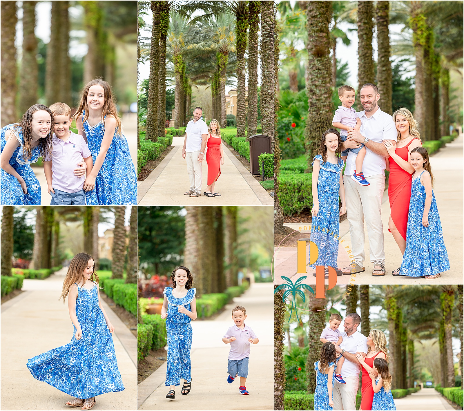 A joyful family laughing together in the lush gardens of Four Seasons Resort Orlando during a photography session.