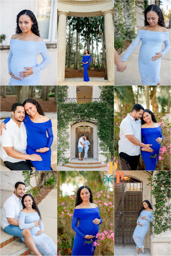 "Studio maternity session in Orlando featuring a glowing expectant mother wearing a timeless, elegant gown."