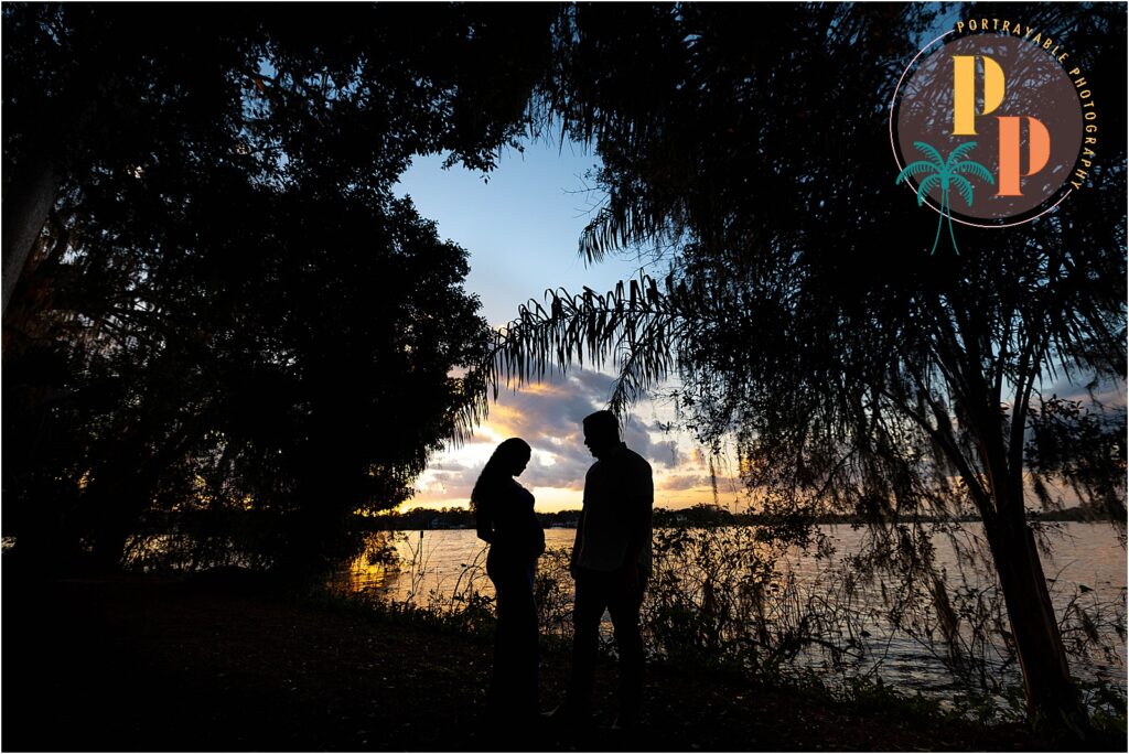 "Orlando-based maternity photography featuring an expectant mom in a sunset field shoot."