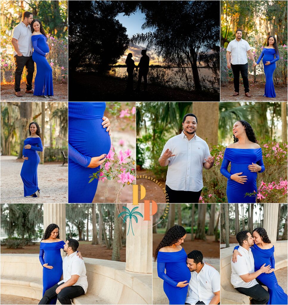 "Beautiful maternity portrait session in Orlando with a mother in a flowing dress highlighting her baby bump."