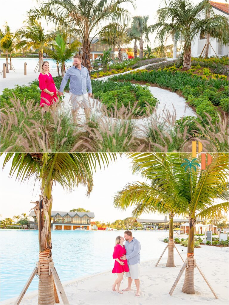 Pregnant woman in a pink dress at sunset at Evermore Resort, Orlando.