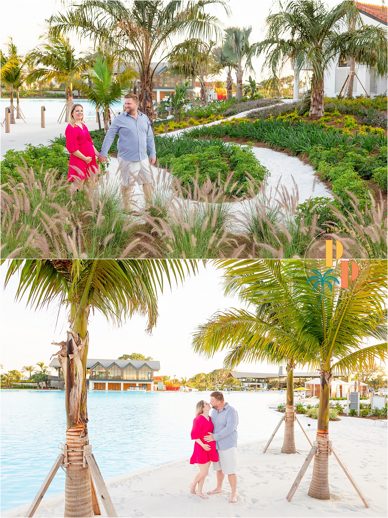 Photoshoot at evermore resort in Orlando Pregnant woman in a pink dress at sunset at Evermore Resort, Orlando.