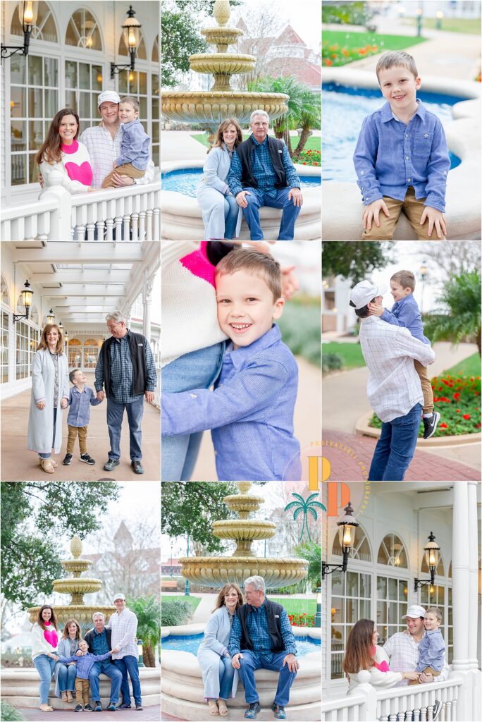 A family of 3 with grandparents laughs and plays by the fountain at the Grand Floridian Resort"