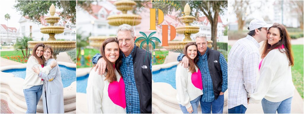 A family of five poses together on the lawn of the Grand Floridian Resort, with the iconic Victorian-style hotel in the background and manicured gardens around them.