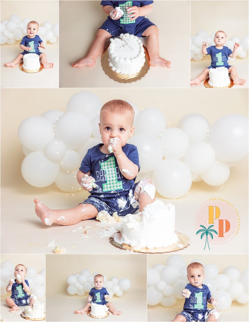 Baby joyfully smashing a colorful cake during a cake smash photoshoot by a professional photographer in Orlando.