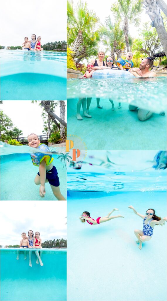 Family of five underwater at Four Seasons Orlando pool.