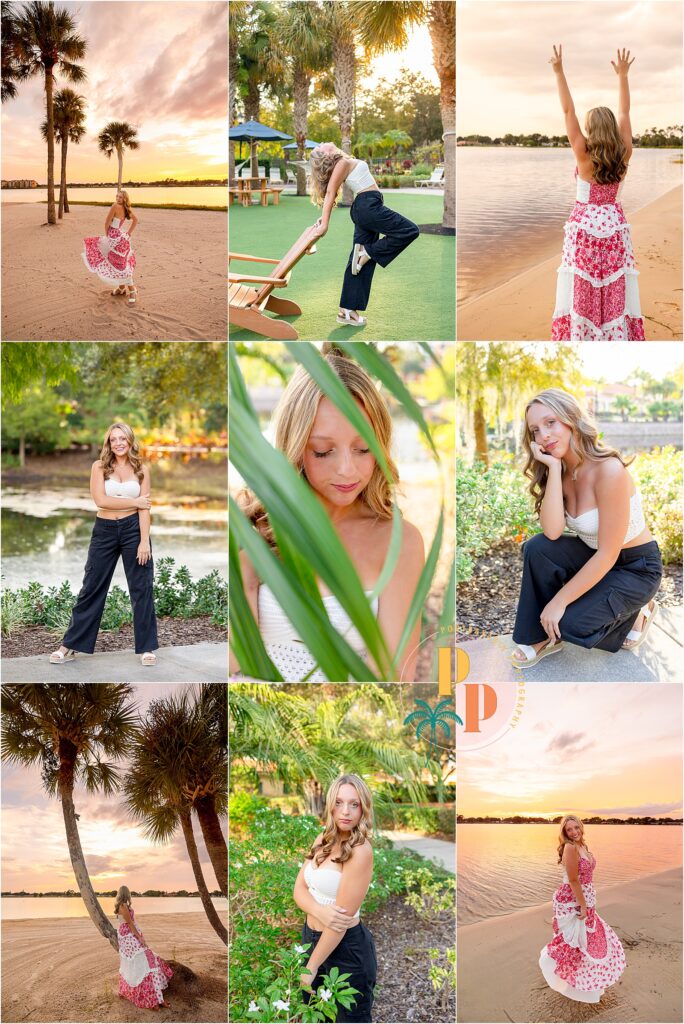 Senior girl laughing candidly during her high school photoshoot at Orange Lake Resort in a casual outfit.