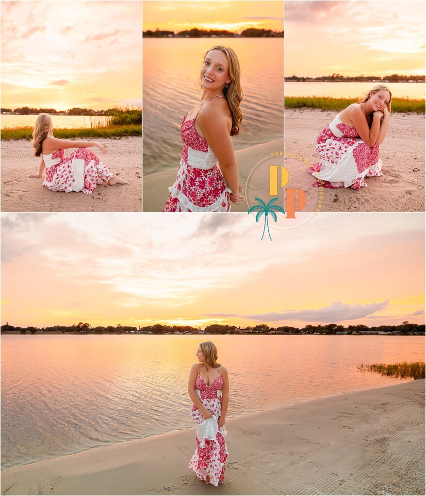 high school senior girl in a long dress out on a lake at orange lake resort in orlando posing for her senior portraits