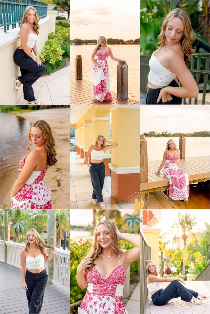 Senior girl laughing and having fun at River Island in Orange Lake Resort during her high school photoshoot.