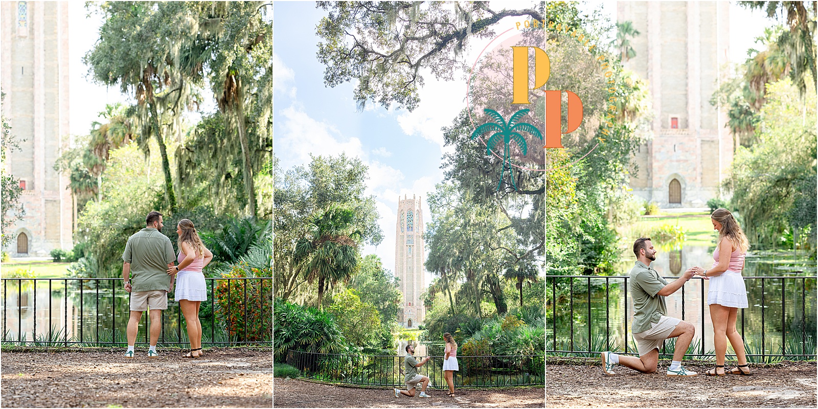 Proposal at Bok Tower Gardens with the Reflection Pond and tower in the background