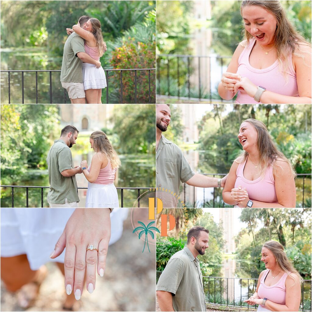 Proposal at Bok Tower Gardens with the Reflection Pond and tower in the background