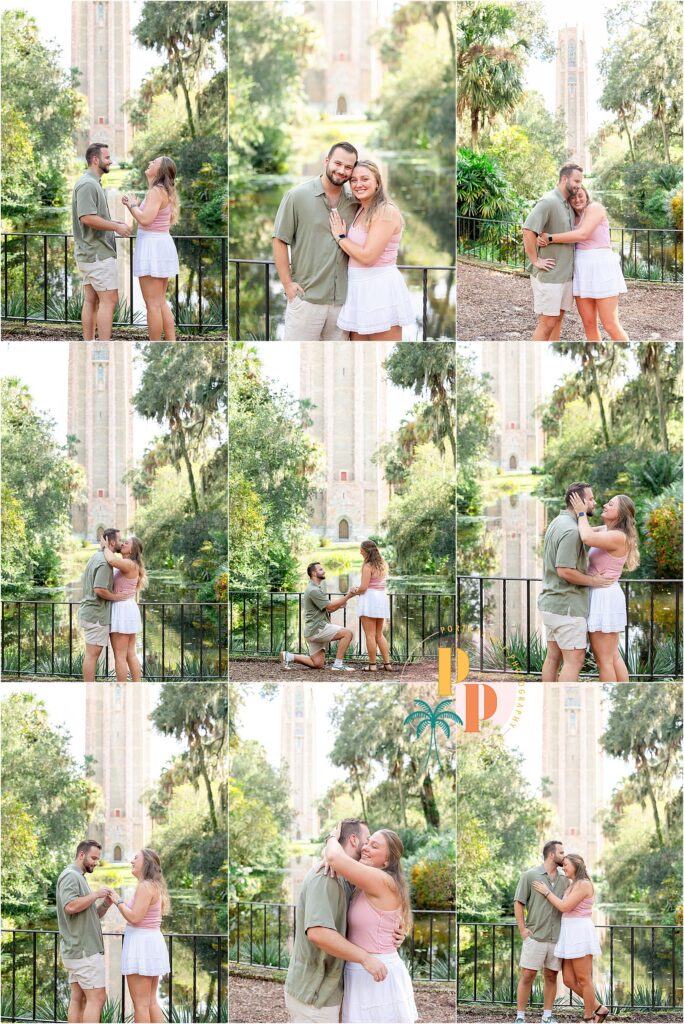 Proposal at Bok Tower Gardens with the Reflection Pond and tower in the background