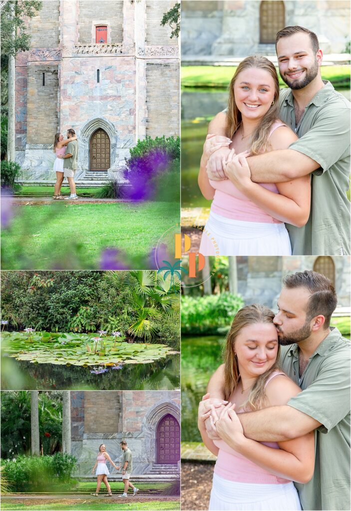 Engaged couple celebrating their Proposal at Bok Tower Gardens with Bok Tower in the background