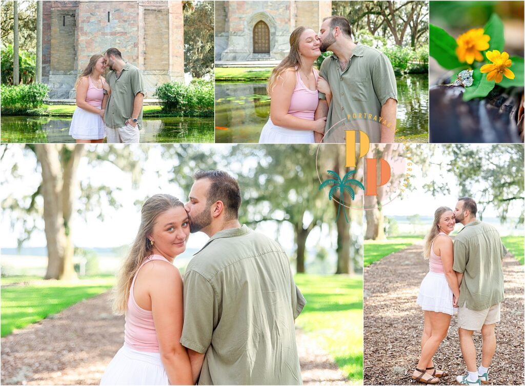 Romantic Proposal at Bok Tower Gardens by the Reflection Pond and blooming flowers