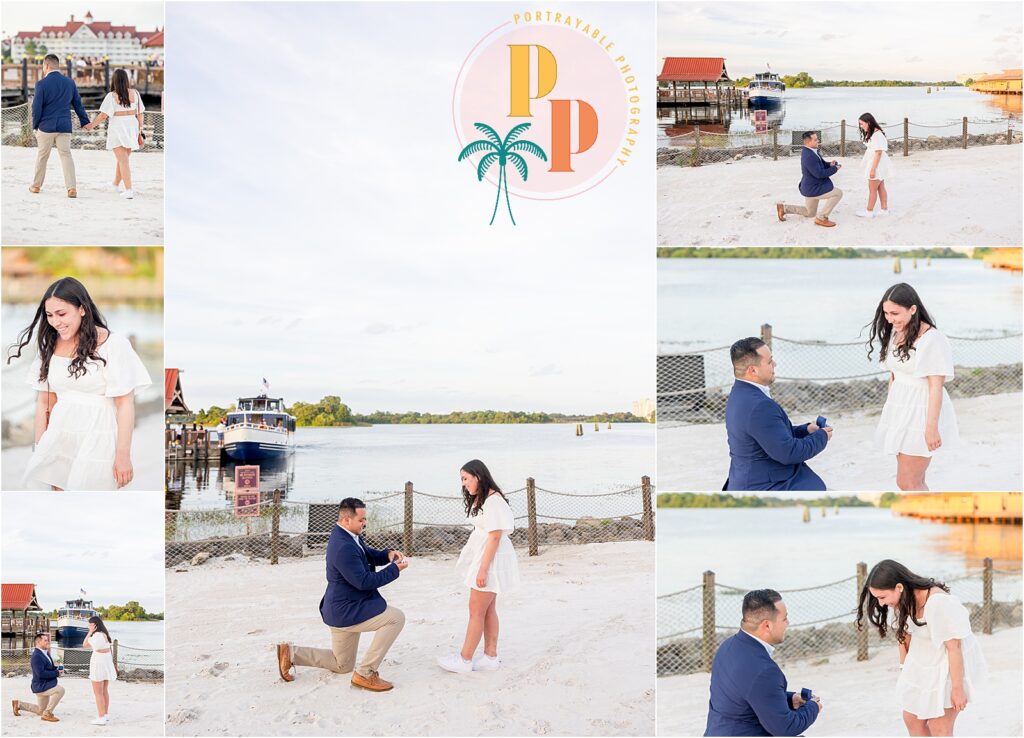  Groom proposing on the beach at Disney's Polynesian Resort.