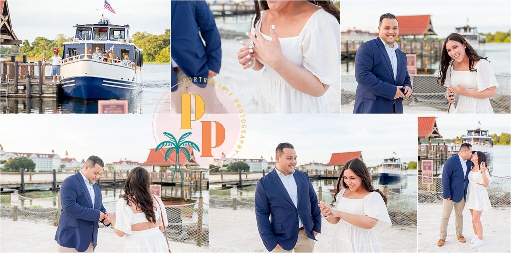 Bride-to-be joyfully accepting the proposal at Disney's Polynesian Resort.