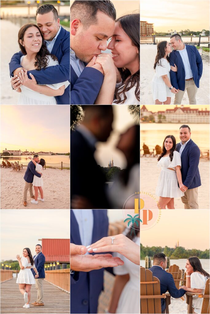 Sunset portraits of the newly engaged couple at Disney's Polynesian Resort.