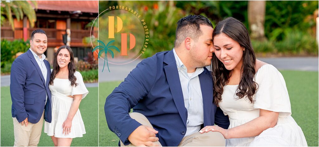 Couple celebrating their engagement with a romantic beach setting at Disney's Polynesian Resort.