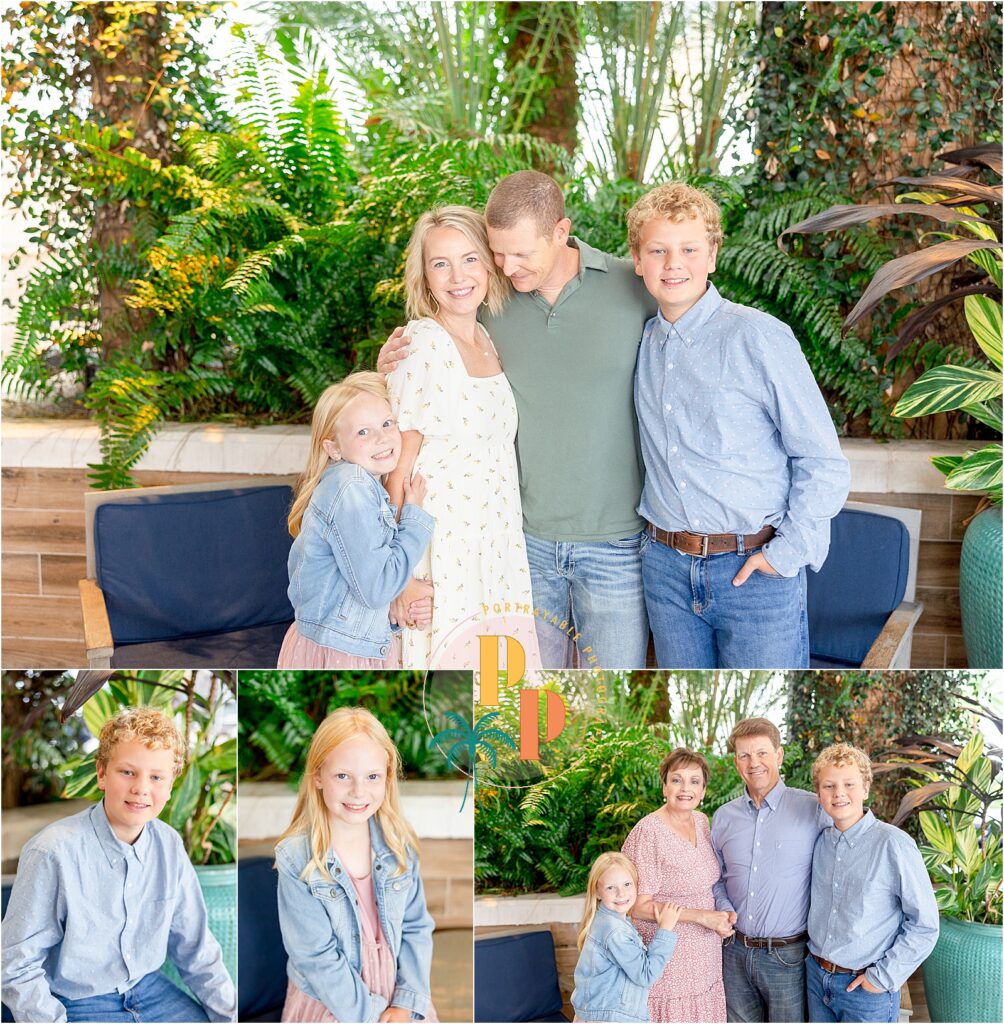 Tropical landscaping at Margaritaville Resort with family portrait. Title: Family Portrait in Margaritaville’s Tropical Landscape 