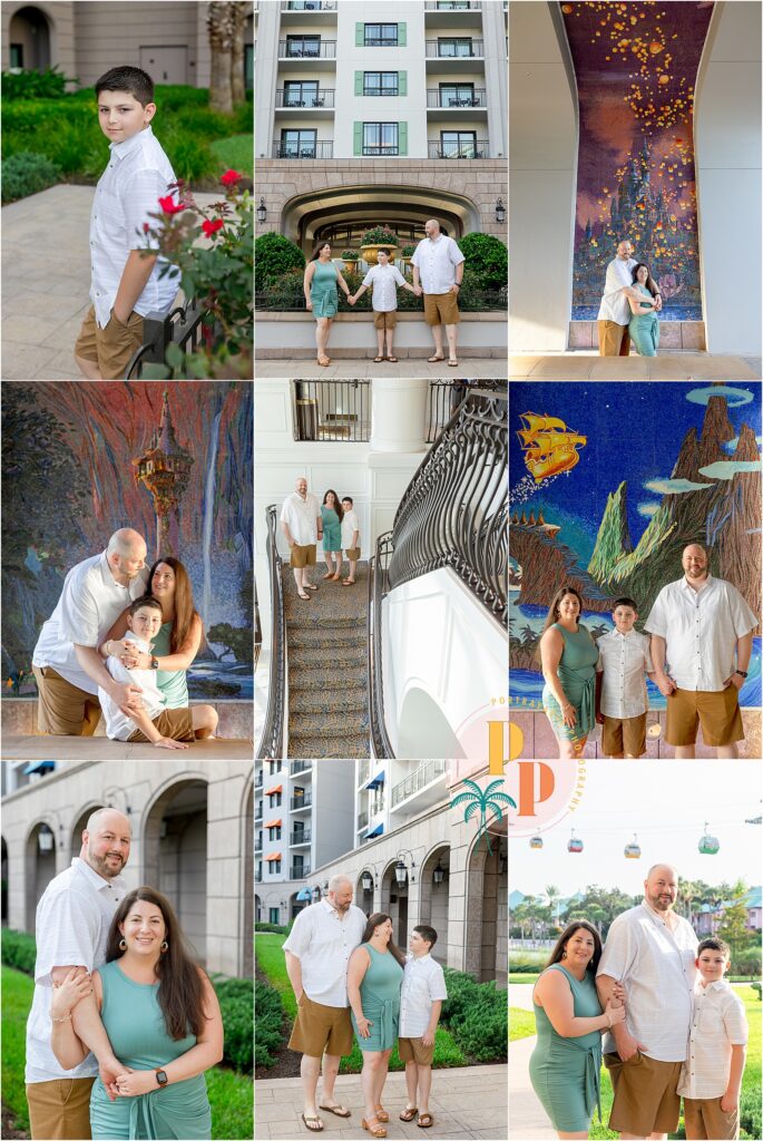 Family posing in the gardens at Disney’s Riviera Resort during a mini session