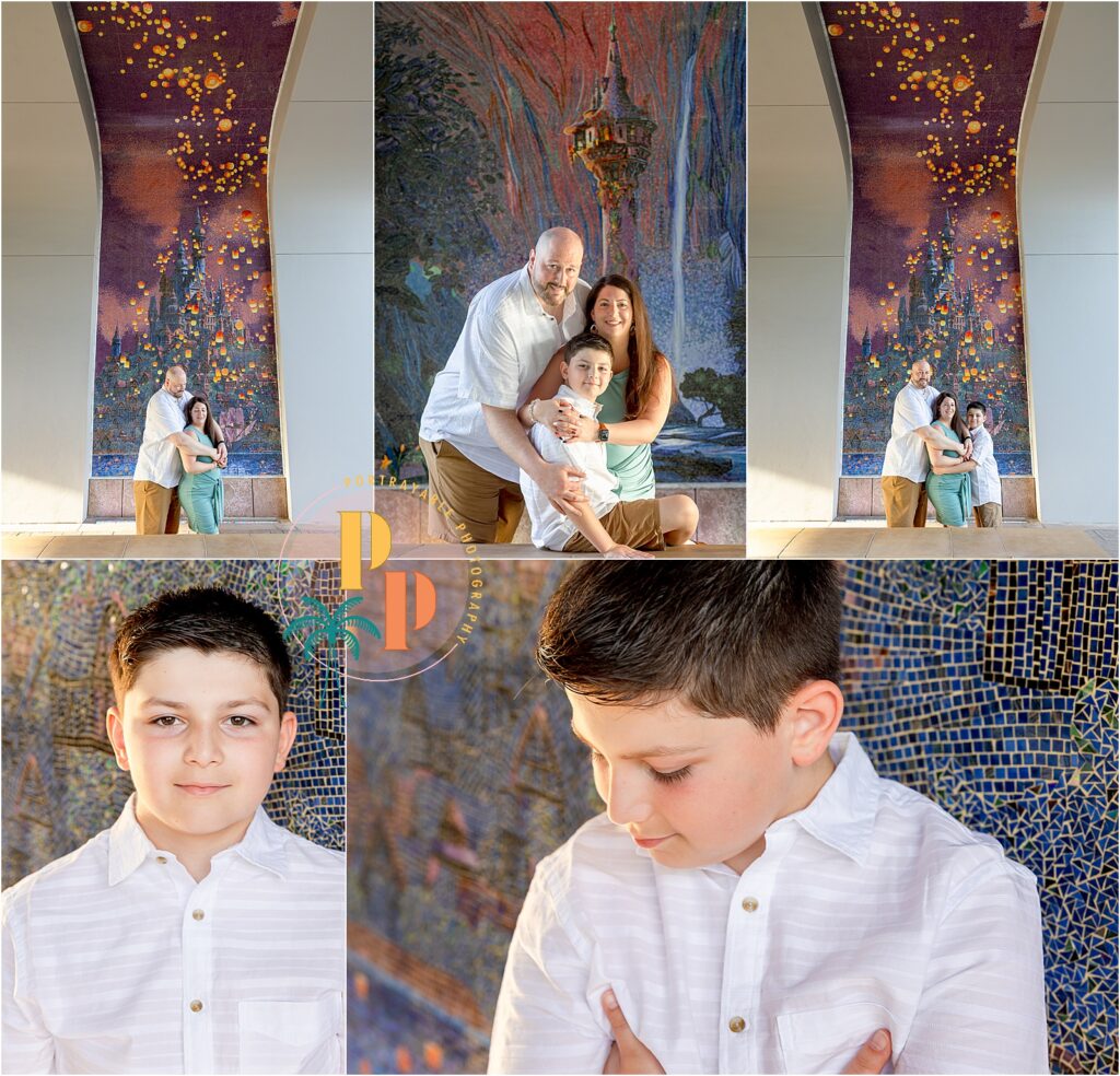 Kids playing by the fountain at Disney’s Riviera Resort during a family photoshoot