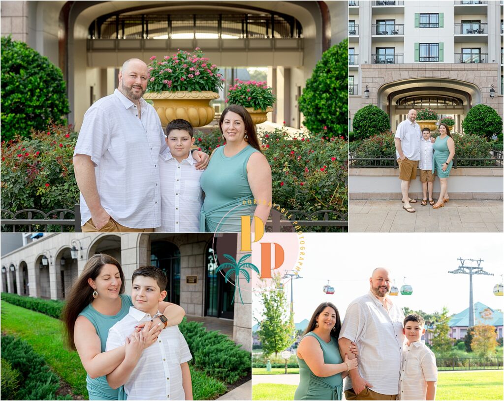 Family portrait with the Disney Skyliner gondolas in the background at Disney’s Riviera Resort