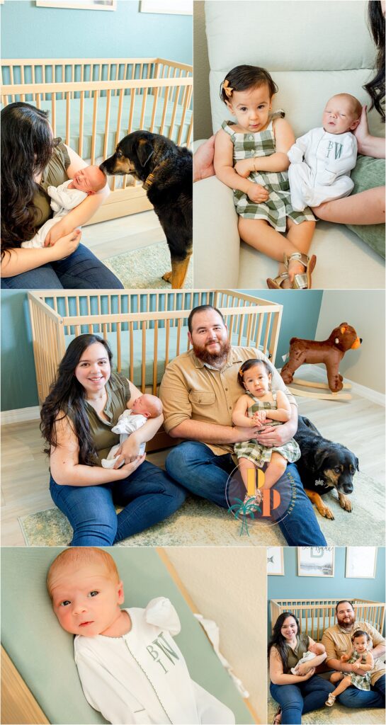 Family portrait featuring parents smiling with their newborn baby in their arms, captured in the comfort of their living room with cozy home decor.