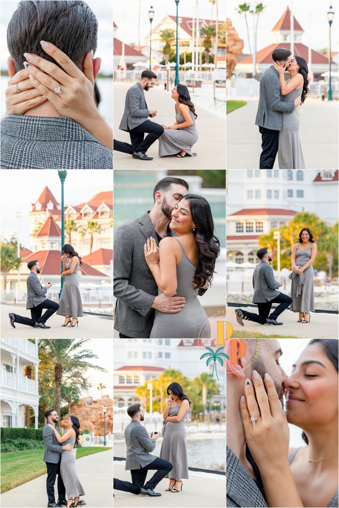 Man proposing on one knee at Disney's Grand Floridian with a joyful reaction from his partner.