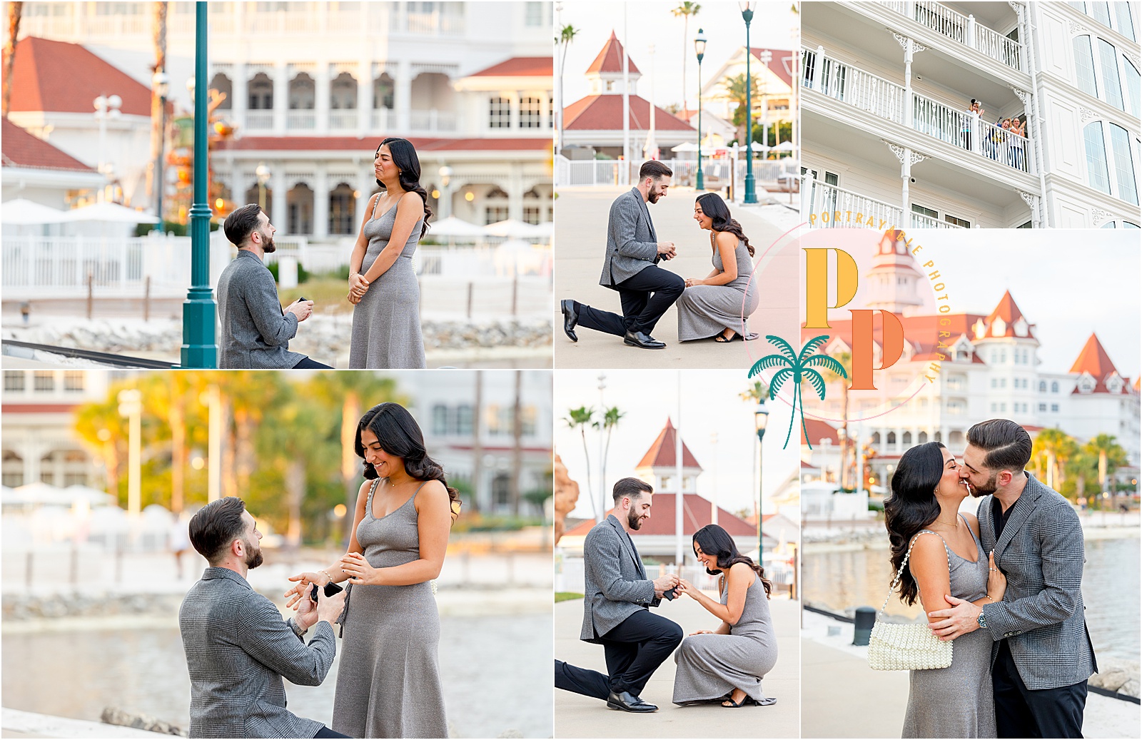 "Engaged couple smiling and holding hands at Disney's Grand Floridian after their proposal."