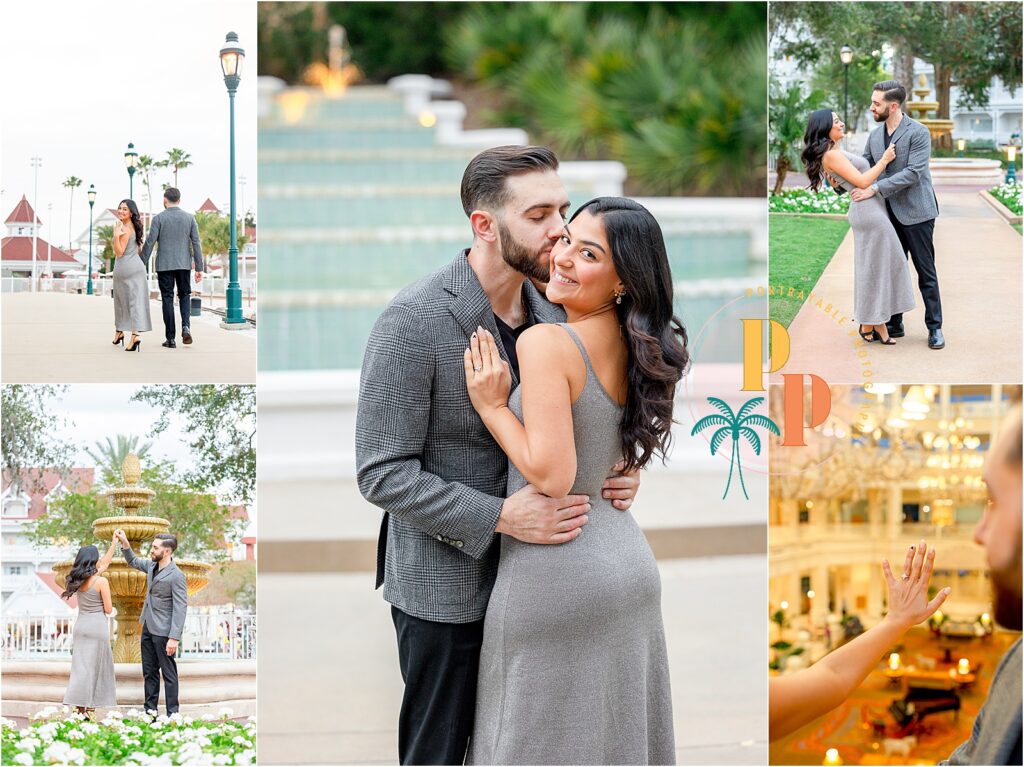 Grand Floridian grounds with romantic lighting, the perfect backdrop for a Disney proposal.