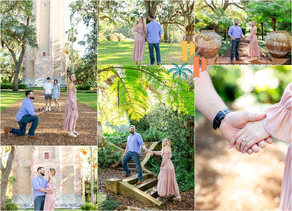 Engaged couple hugging after surprise proposal at Bok Tower Gardens