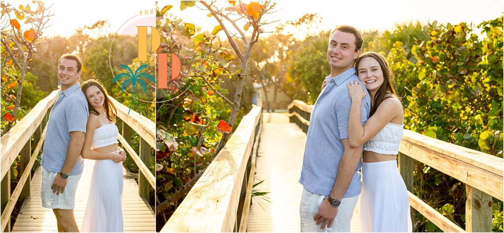 backlit couple cuddling on the boardwalk leading to the beach