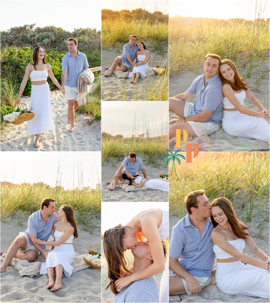 couple walking down to the beach for a picnic during their engagement shoot