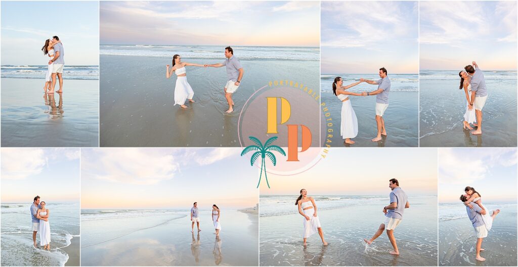 Couple walking hand in hand along Cocoa Beach at sunset during engagement session
