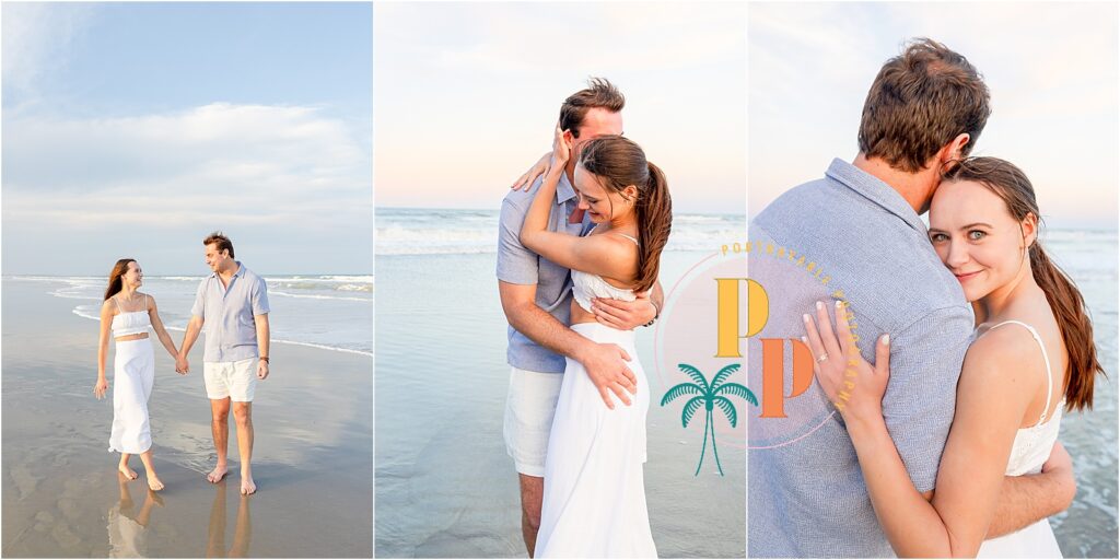 Engagement couple laughing and playing in ocean waves at Cocoa Beach
