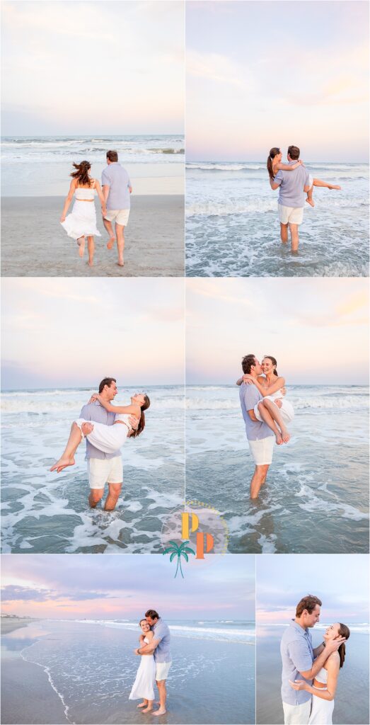 Engagement photo of couple twirling on the beach at sunset on Florida's east coast