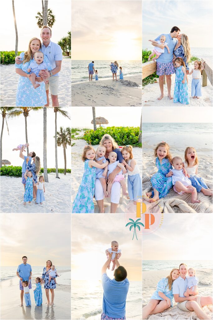 Parents with toddlers smiling near sand dunes in Florida beach portraits