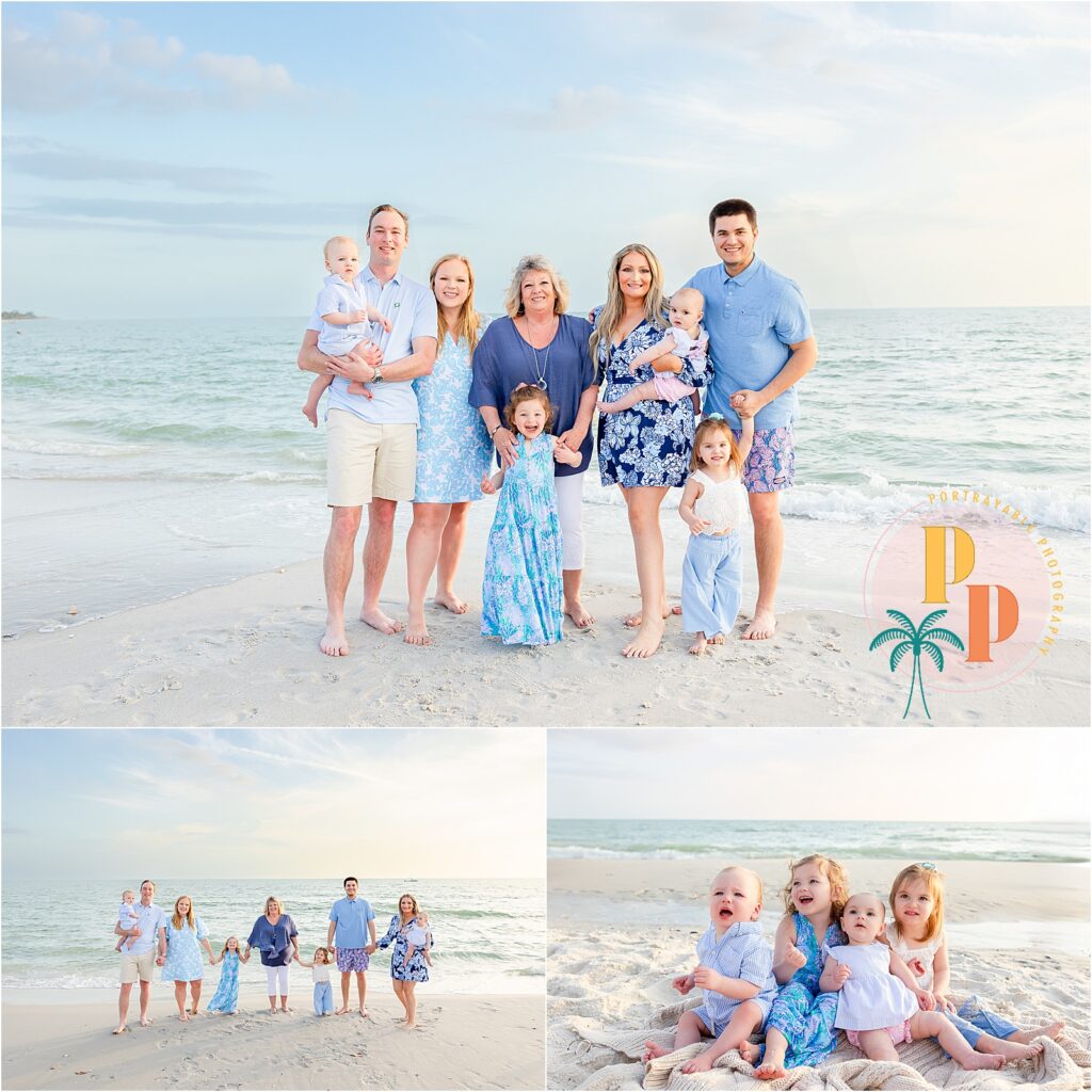 Extended family walking on Naples beach during sunset photoshoot