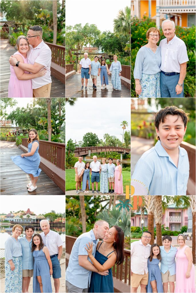Candid shot of extended family laughing together during Disney vacation photo session.