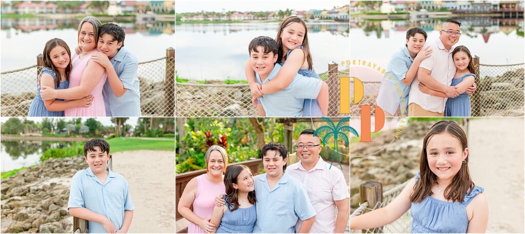 Adult children posing with their parents for a 50th wedding anniversary portrait at a Disney resort.