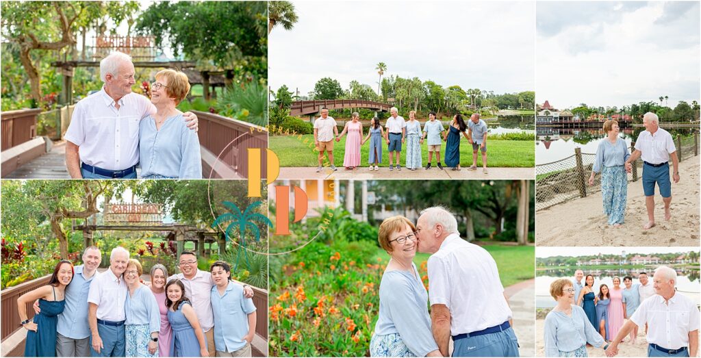 randparents holding hands and smiling during their 50th anniversary photo session at Disney.