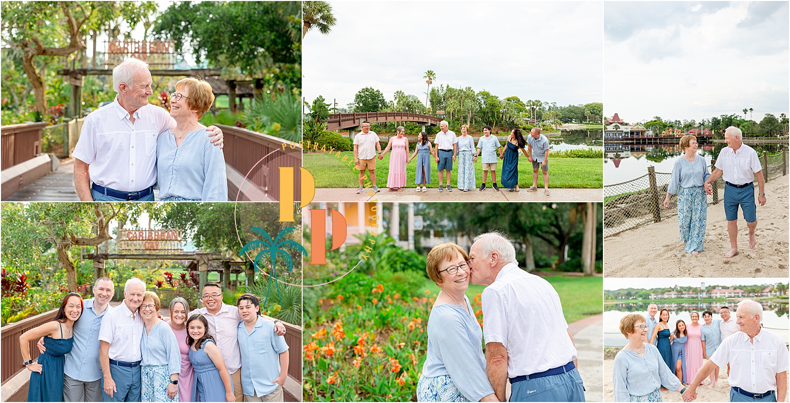 randparents holding hands and smiling during their 50th anniversary photo session at Disney.