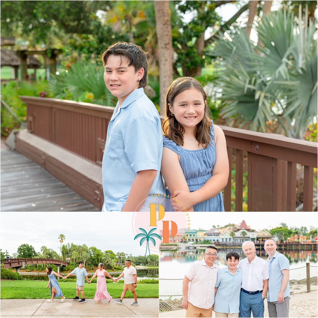 Grandparents laughing with their grandchildren at a Disney resort during a family photo session.
