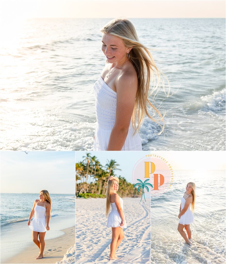 senior posing for candid photos and posed portraits on the beach