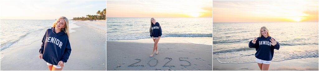 High school senior walking on Cocoa Beach at sunset for senior portraits
