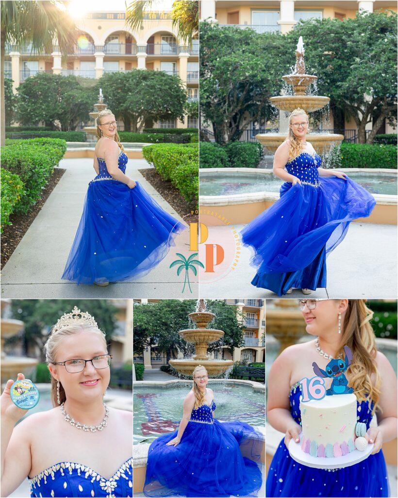 Sweet 16 portrait of a teen girl smiling by a fountain at Disney’s Coronado Springs Resort.