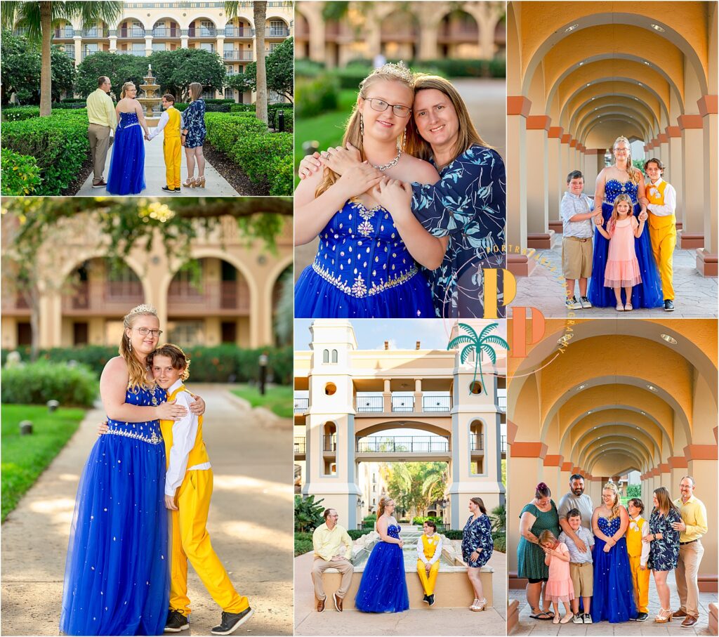 Birthday girl twirling on the bridge at Coronado Springs during golden hour.