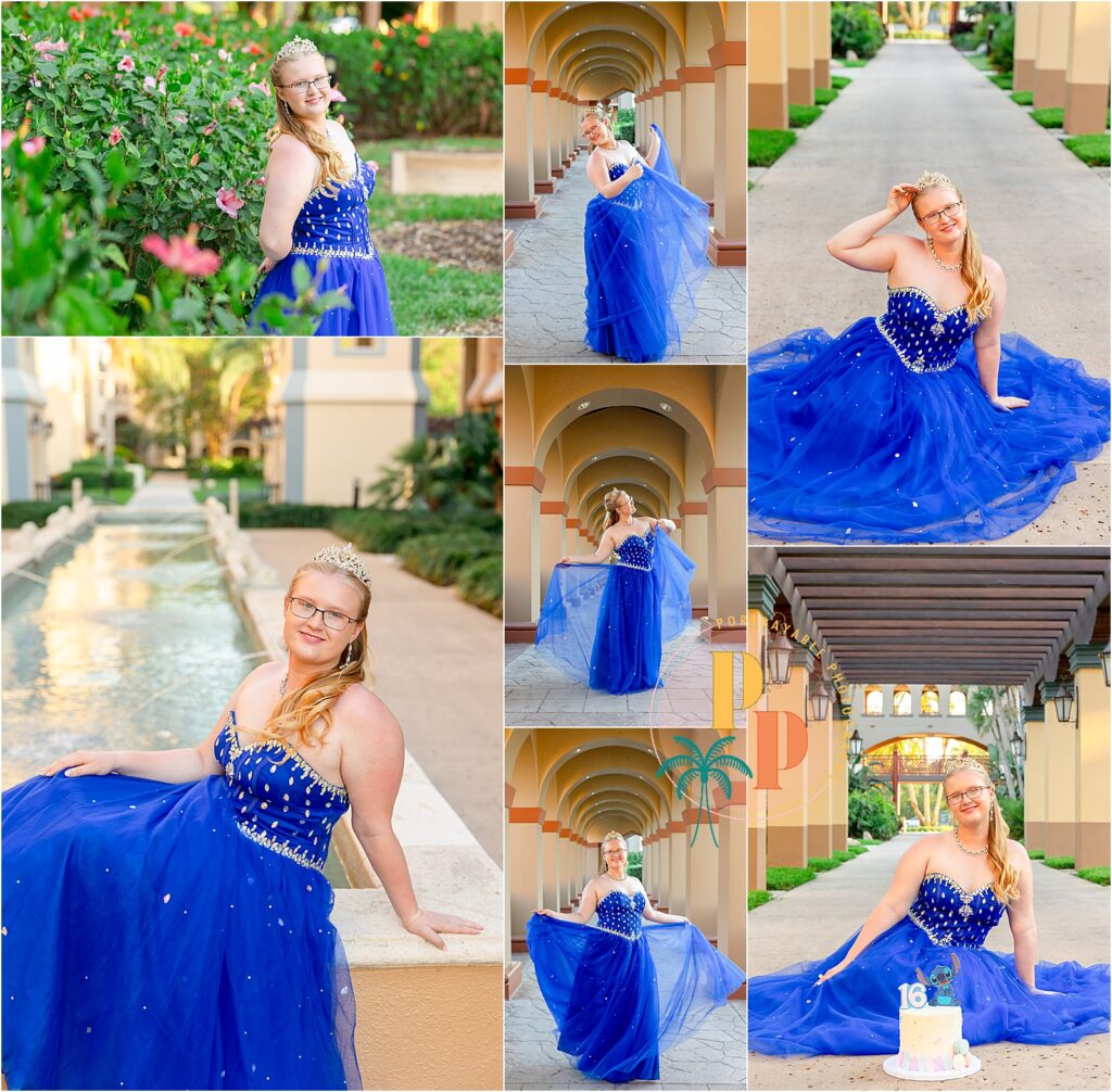 Sweet 16 close-up portrait at Disney resort with soft sunset lighting.