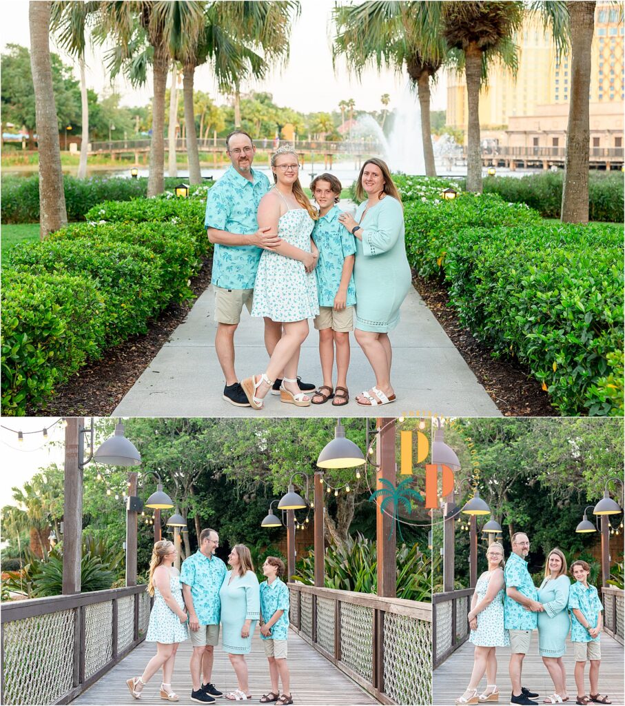 Teen girl walking under palm trees during Disney World birthday photo shoot.